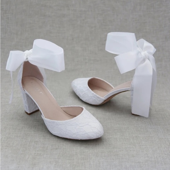 White Lace Block Heel with WRAPPED SATIN TIE, Women Wedding Shoes, Bridal Shoes - Picture 1 of 4